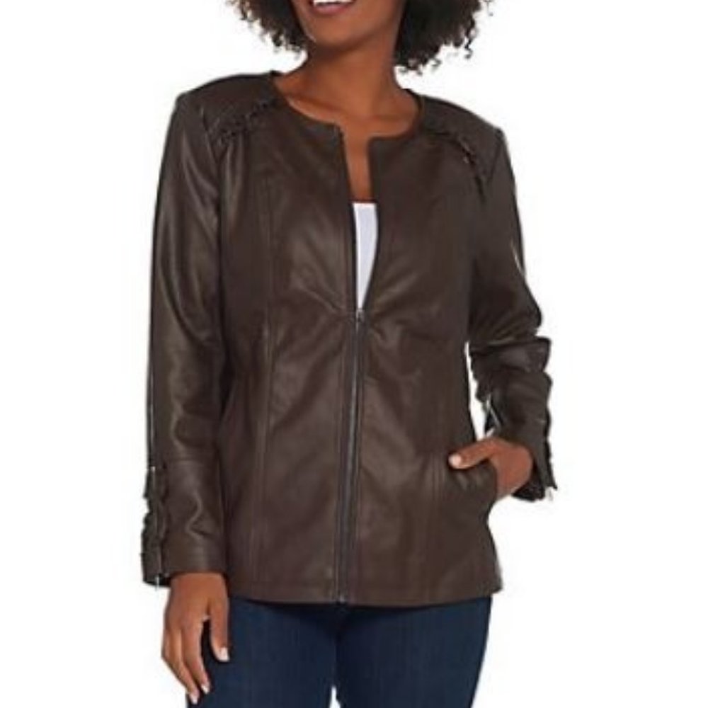 Denim & Co Faux Leather Jacket with Ruffle Detail - Picture 1 of 4